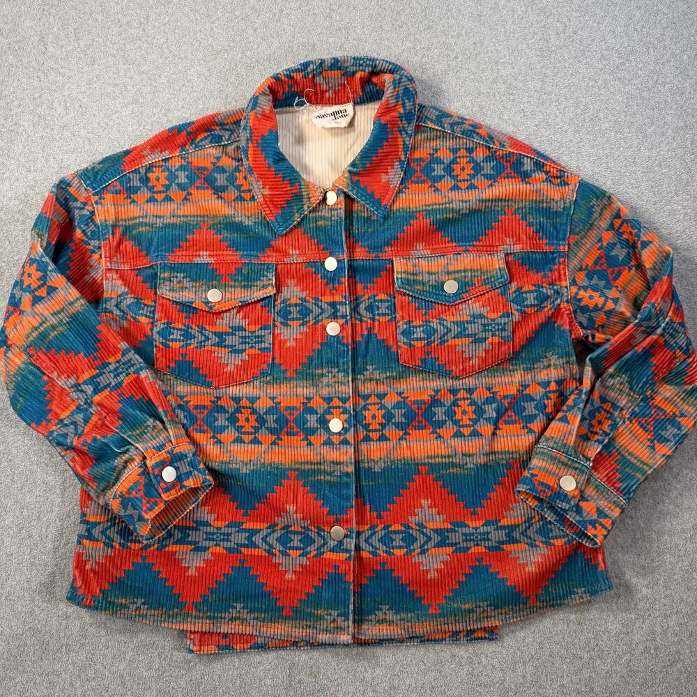 Savanna Jane Women's 1X Corduroy Shirt Jacket Western Aztec Red Blue Orange